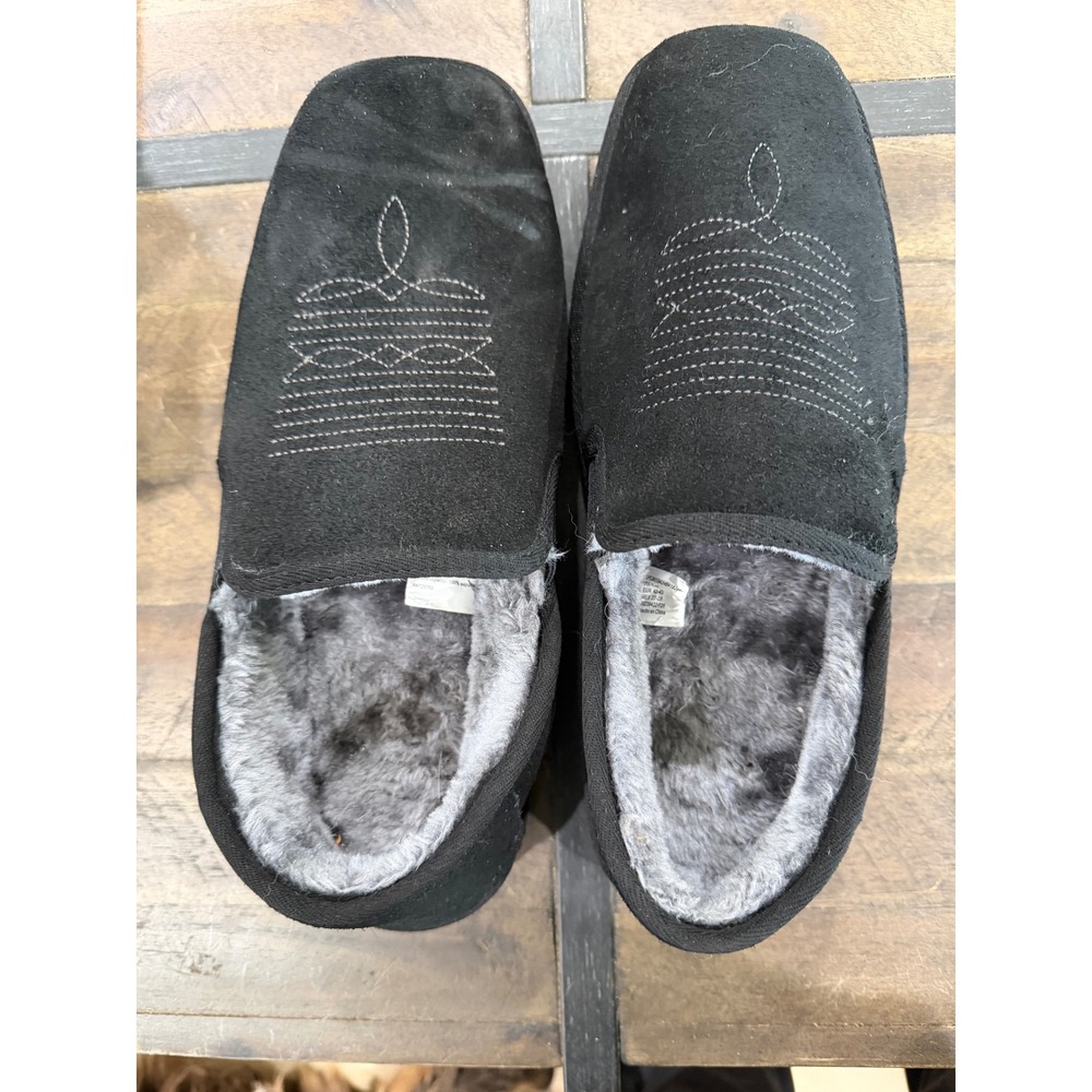 George Mens Black Western Stitch Faux Suede Fur Lined Slippers House Shoes 9-10